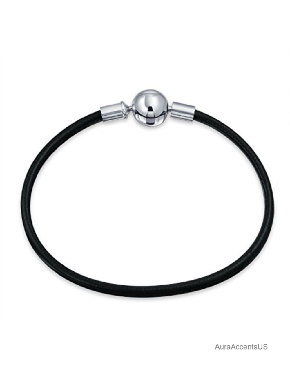 Genuine Black Leather Strand Bracelet Sterling Silver Barrel Clasp Charm Starter